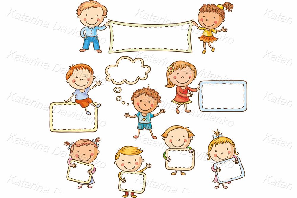 Happy kids with blank signs, clipart pdf svg png