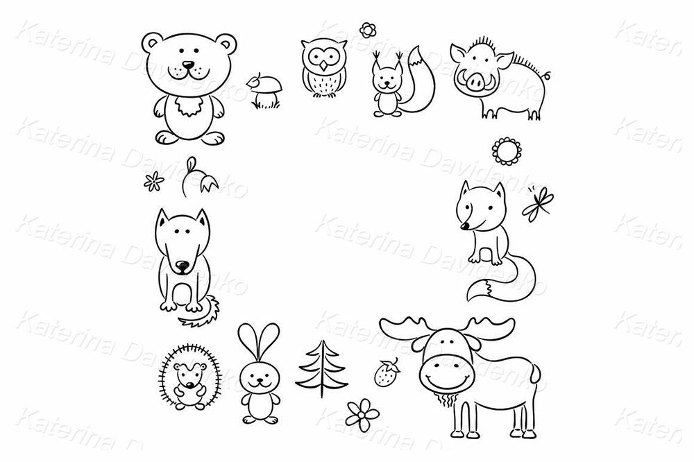 Cute Forest Animals Frame – Bear, Fox, Moose, Wolf, Rabbit, Owl, Clipart