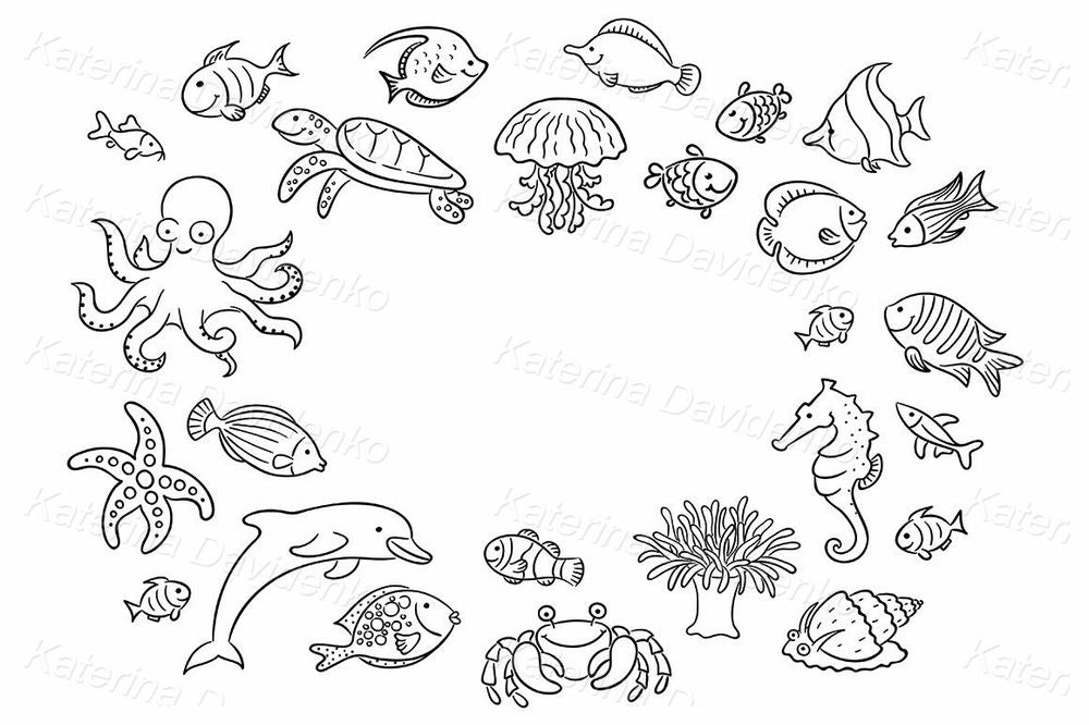 Underwater Sea Life Border Frame with Cute Ocean Animals