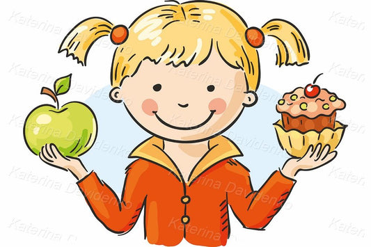 Girl holding Apple and cake. Vector illustration