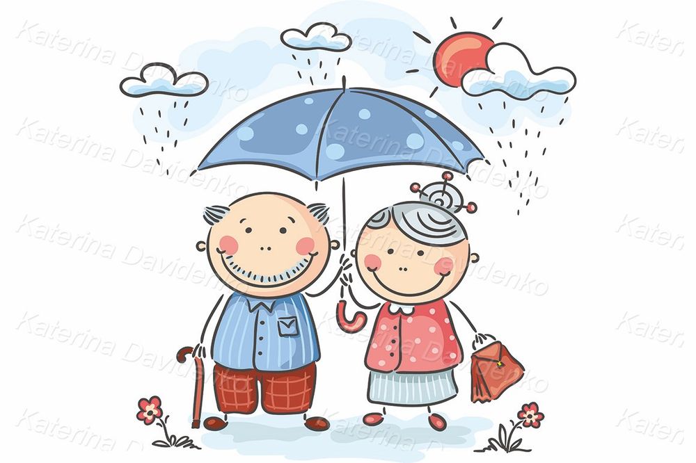 Cartoon grandparents in the rain clipart