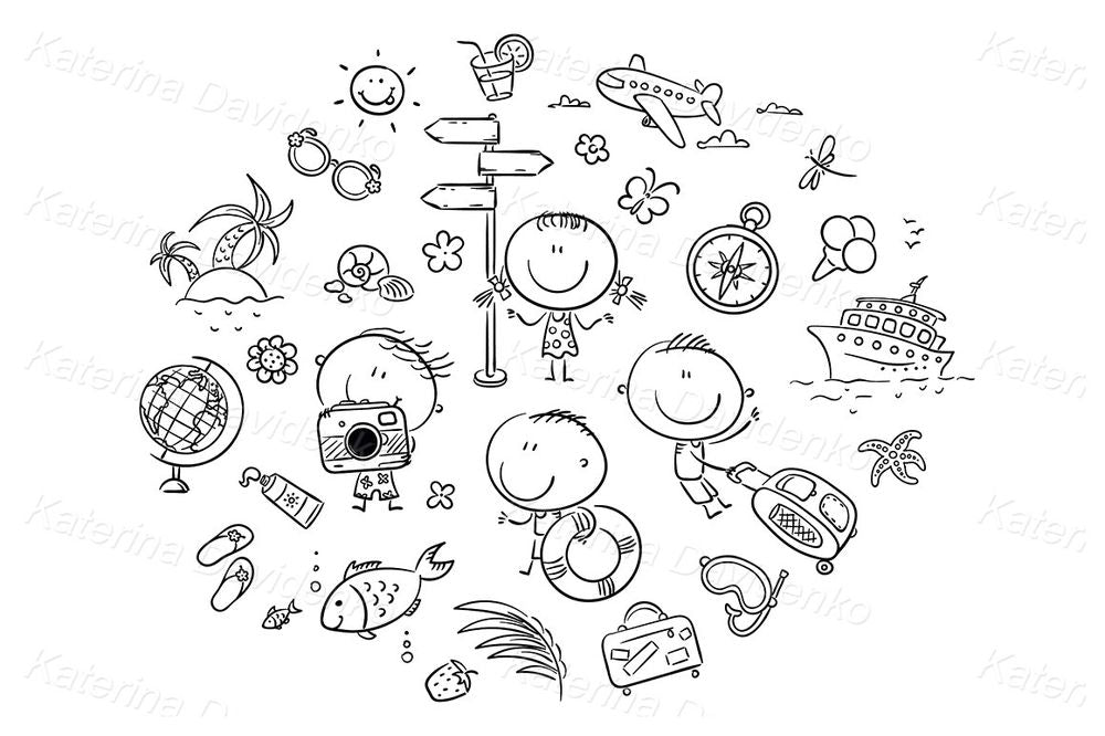 Kids Travel Clipart – Vacation Adventure Cartoon Vector Set