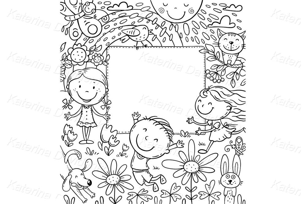 Happy Kids Nature Frame Clipart – Colorful Cartoon Cover Design