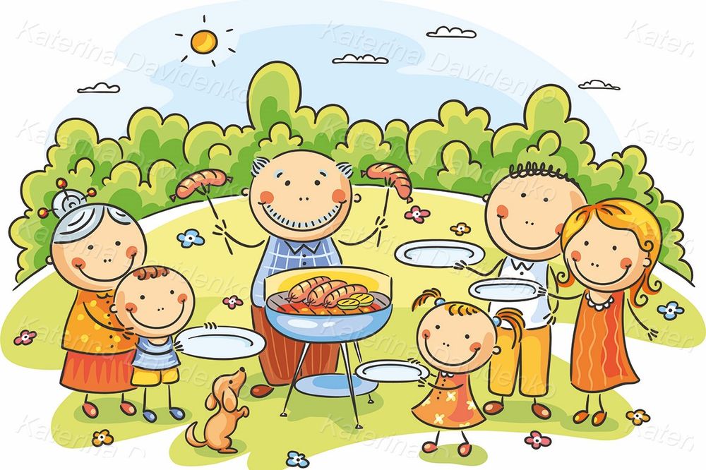 Big family having picnic cartoon illustration