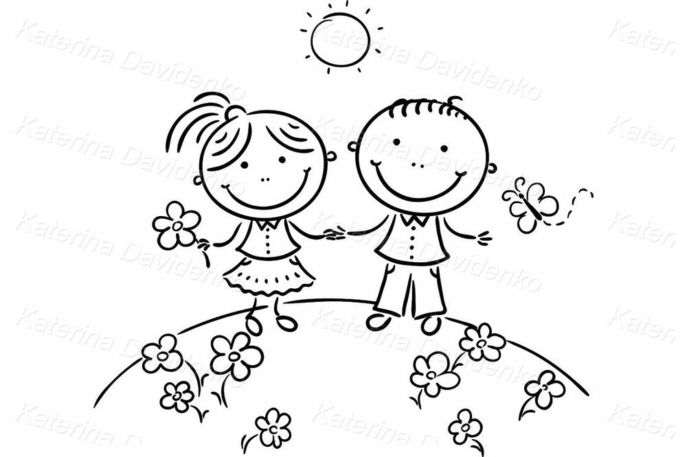 Happy Kids Holding Hands Clipart – Cute Outdoor Illustration
