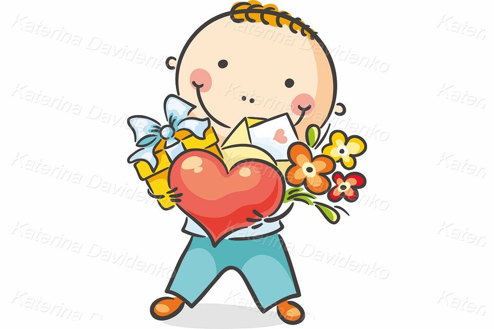 Boy with a heart, flowers and present clipart