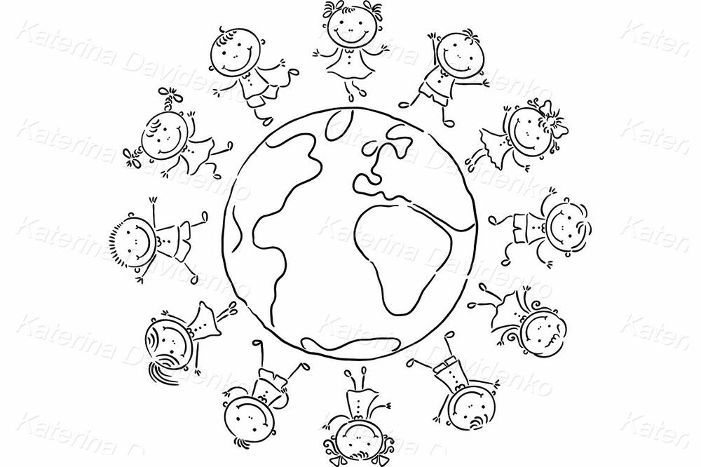 Kids Around the World Clipart – Cartoon Children, Globe Illustration
