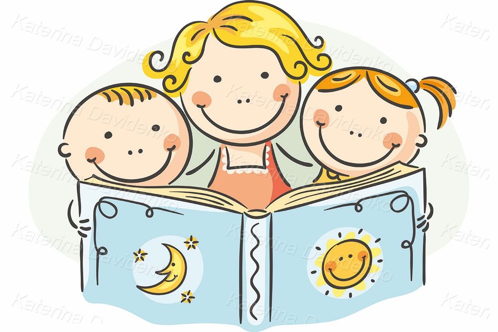 Mother and kids reading clipart