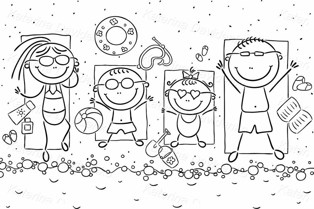 Summer Beach Family Clipart – Cartoon Vacation, Kids, Sunbathing