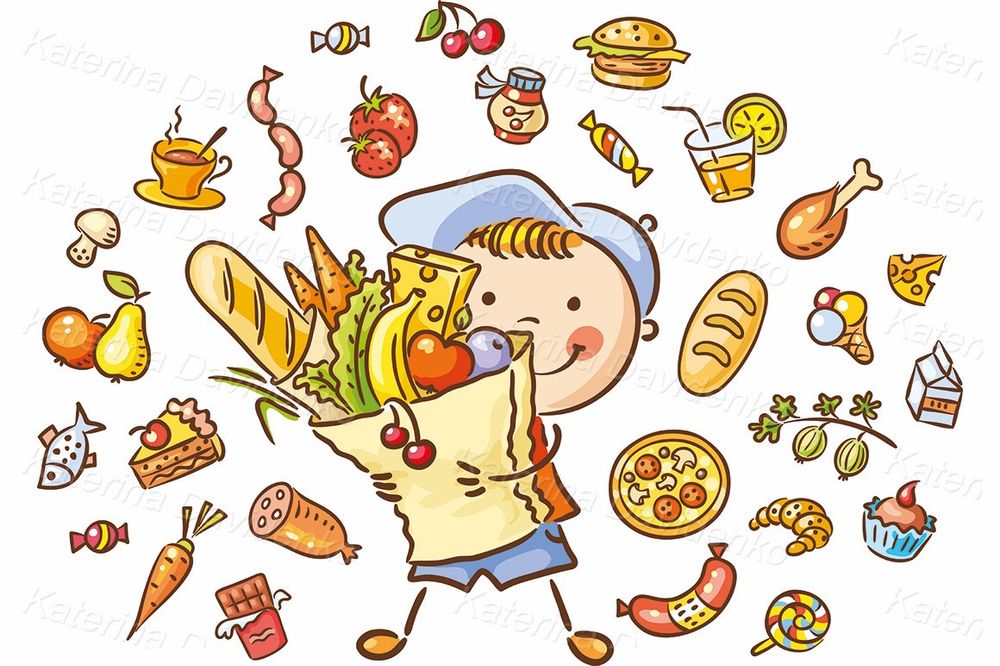 Child with a big bag full of food clipart set