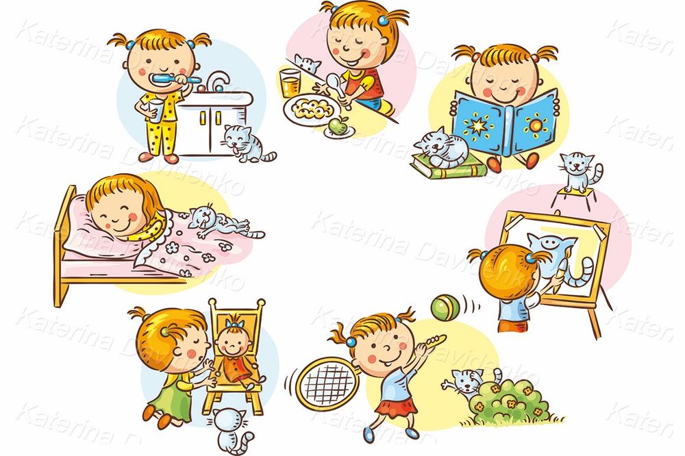 Daily Routine with Cat Clipart – Cute Kids Activity Vector Illustrations