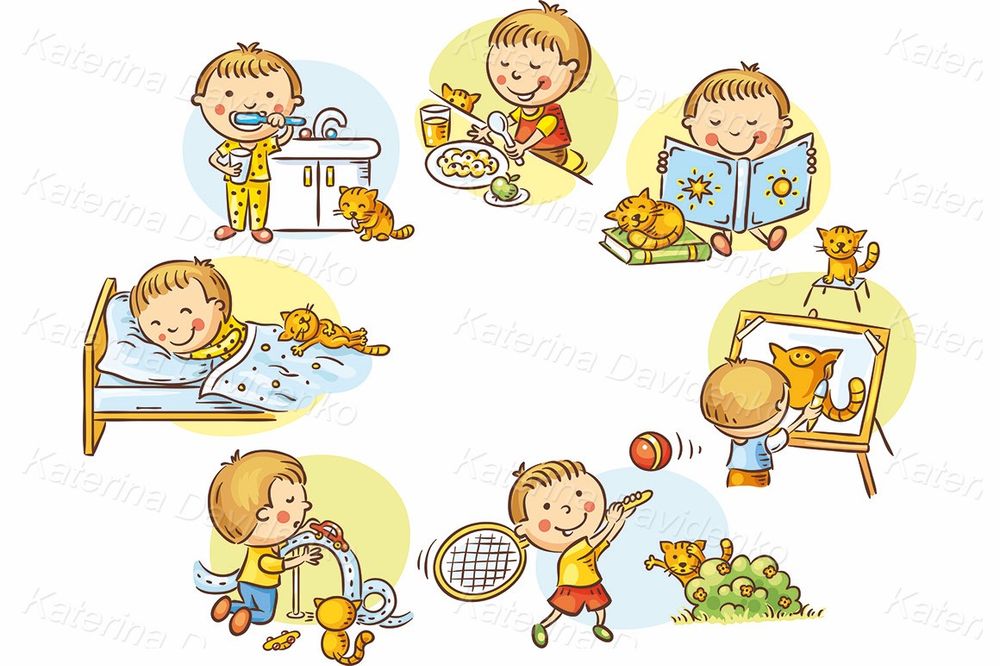 Girl's and boy's daily activities clipart set