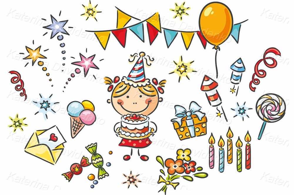 Little girl and birthday party clipart set