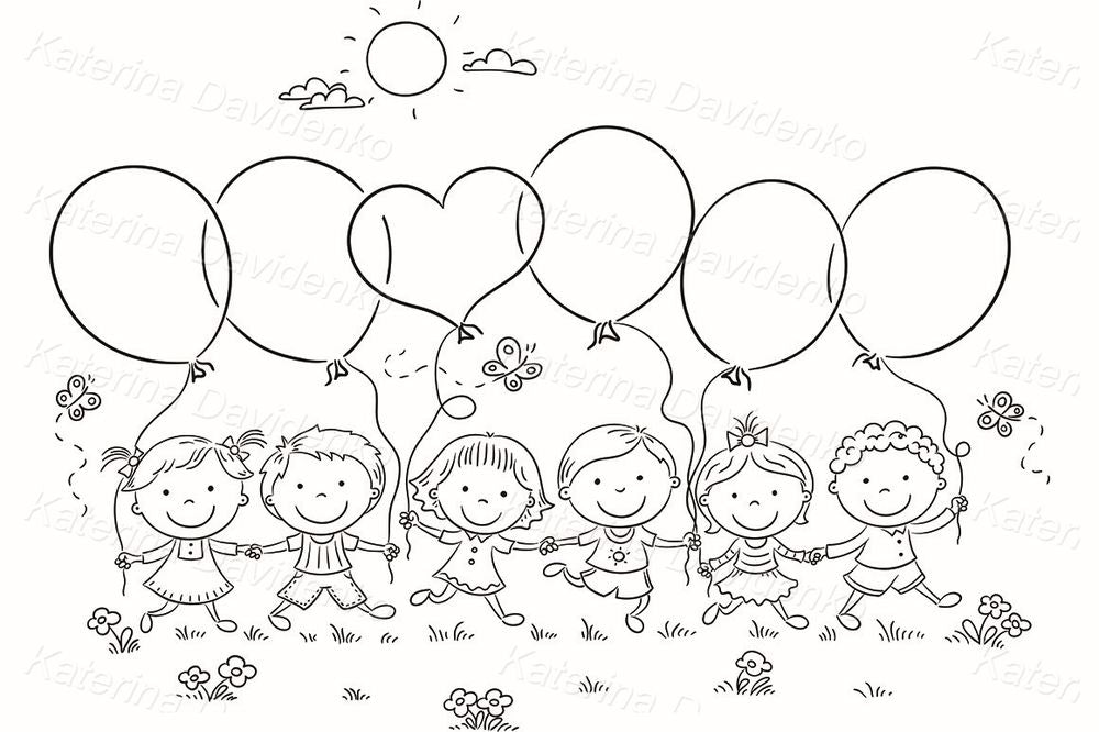 Happy Kids with Balloons Clipart – Playground Party Scene