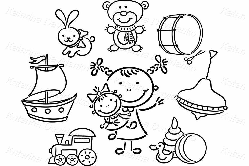 Cute Toddler Girl with Toys Clipart Set – Vector Kids Illustration