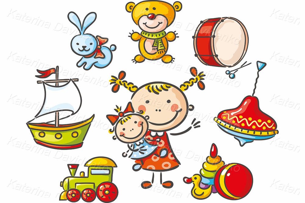 Girl with a set of toys clipart