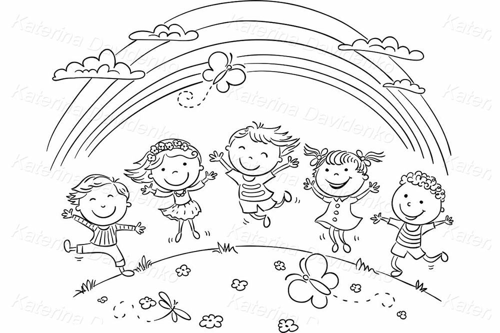 Happy Kids Under Rainbow Clipart – Colorful Playground Fun