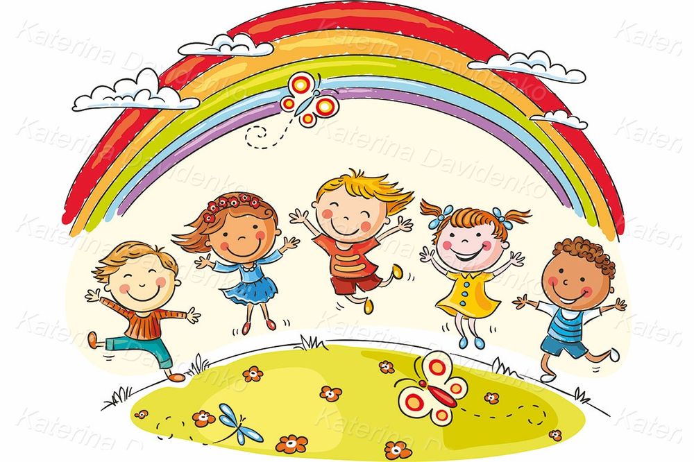 Kids jumping with joy under rainbow vector illustration