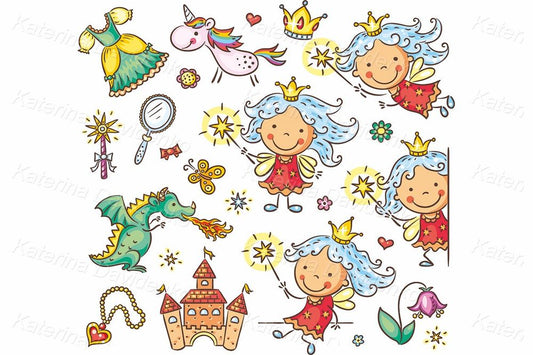 Little fairy set with a castle, unicorn, dragon and accessories. Clipart download