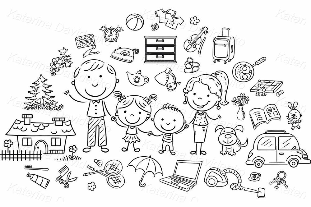 Happy Family and Everyday Objects – Cartoon Clipart Set