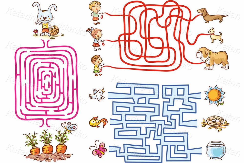 Labyrinth games set for preschoolers: find the way or match elements. Clipart for kid