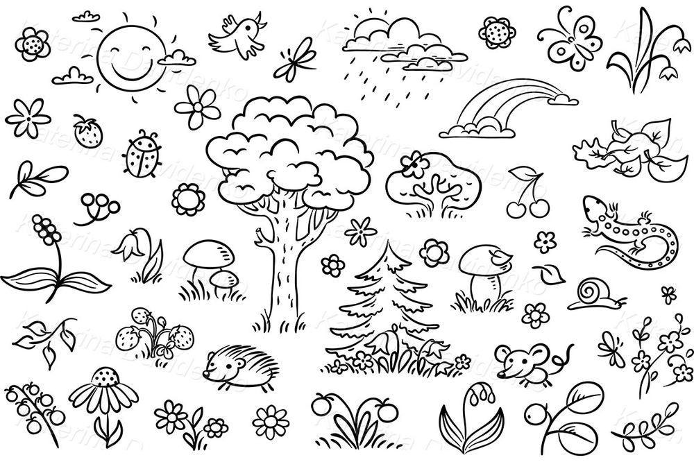 Nature Clipart Set – Trees, Animals, Flowers & Weather