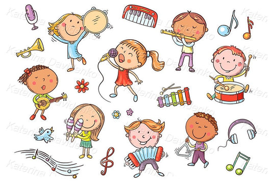 Kids playing music and singing - png svg clipart set