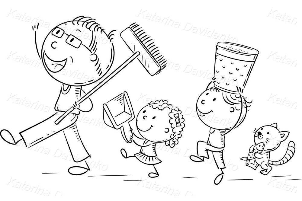 Family Cleaning Time – Fun Cartoon Clipart