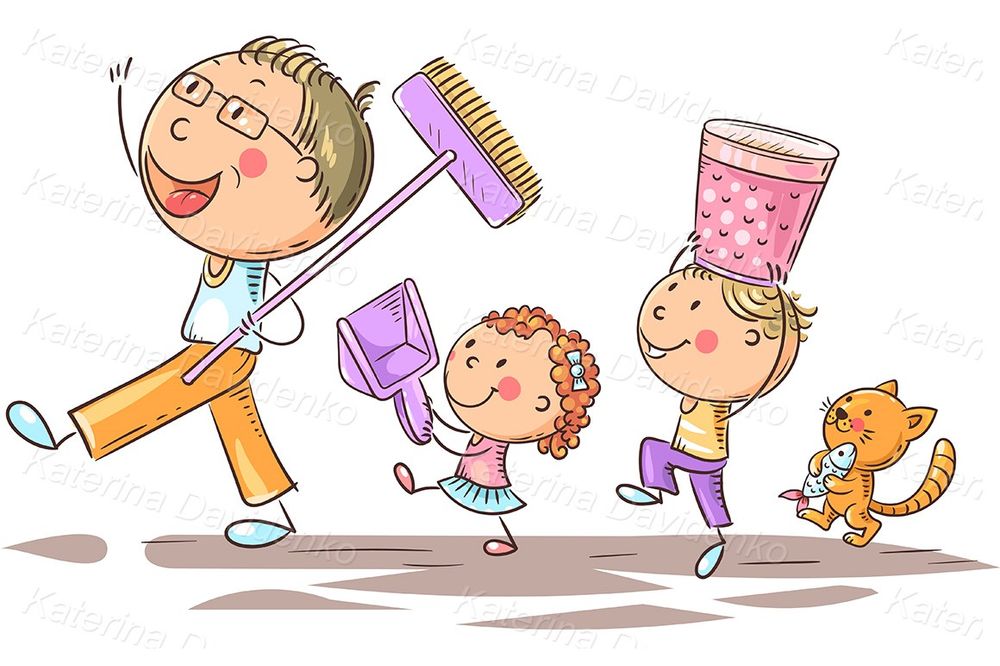 Father and kids Cleaning Time- Cartoon family clipart 