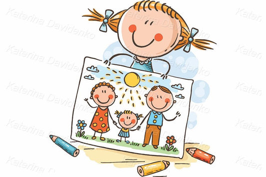 Girl Holding Family Drawing cartoon clipart