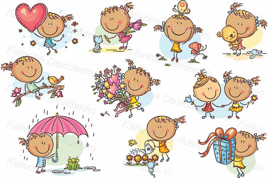 Happy dark-skinned girl clipart set