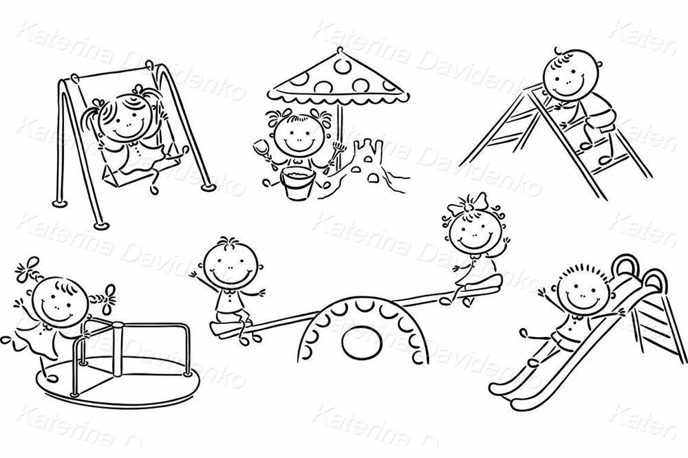 Kids Playground Fun – Swing, Slide, Seesaw Clipart Illustration