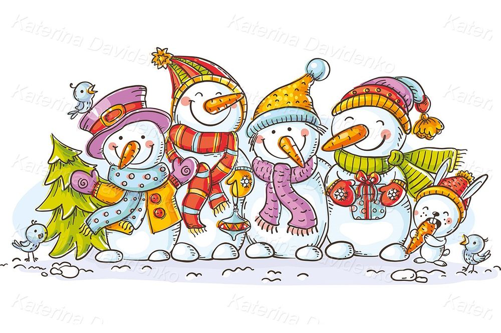 Greeting card snowmen with Christmas ornaments illustration