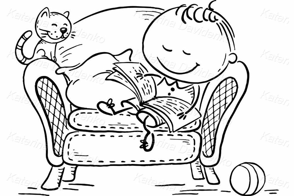 Boy Reading Book in Armchair – Cozy Cartoon Clipart