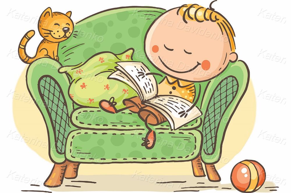 Child reading a book in armchair, vector clipart