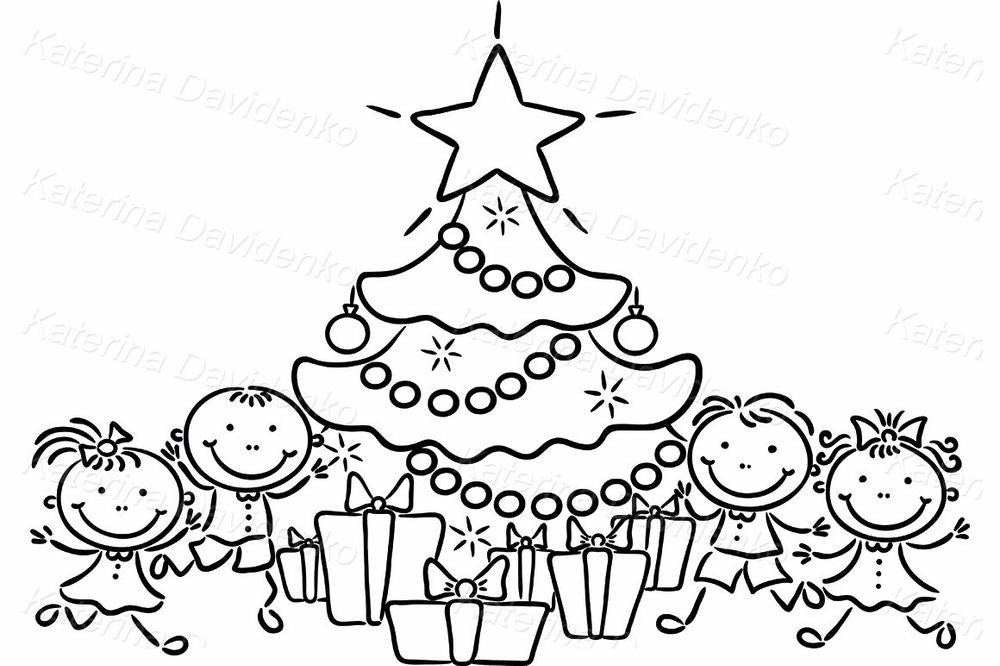 Christmas Tree Clipart – Happy Kids and Presents Holiday Illustration
