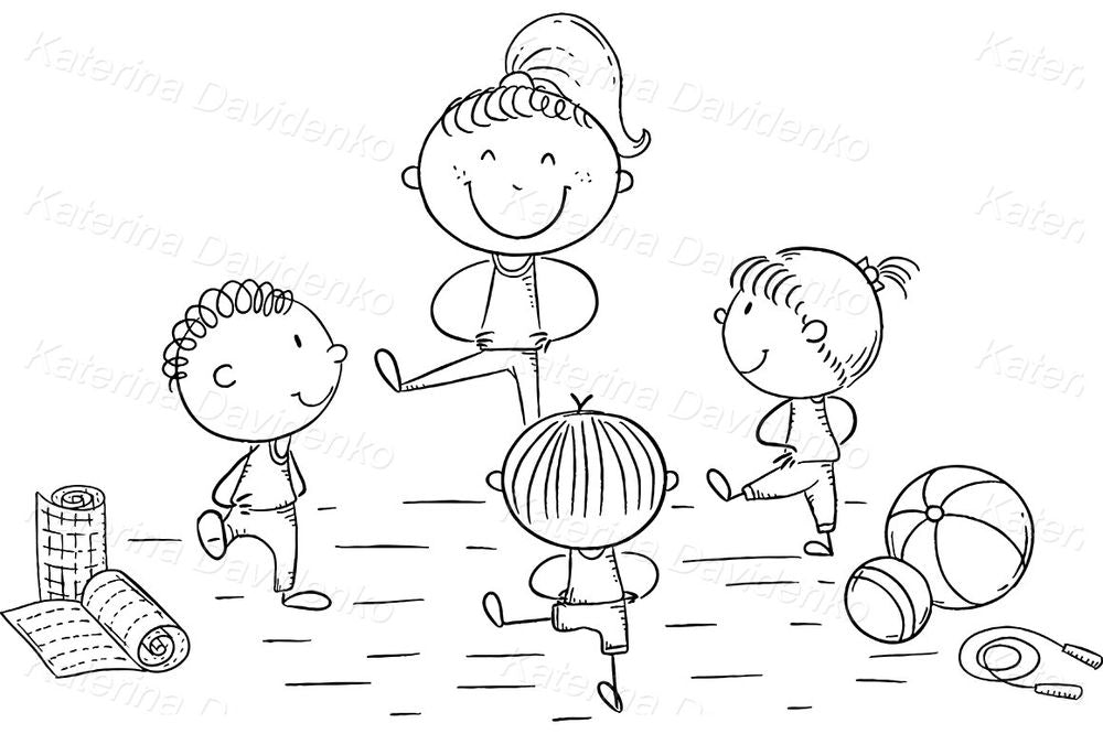 Kids Exercise Clipart – Fun Fitness or Yoga Class Cartoon Illustration