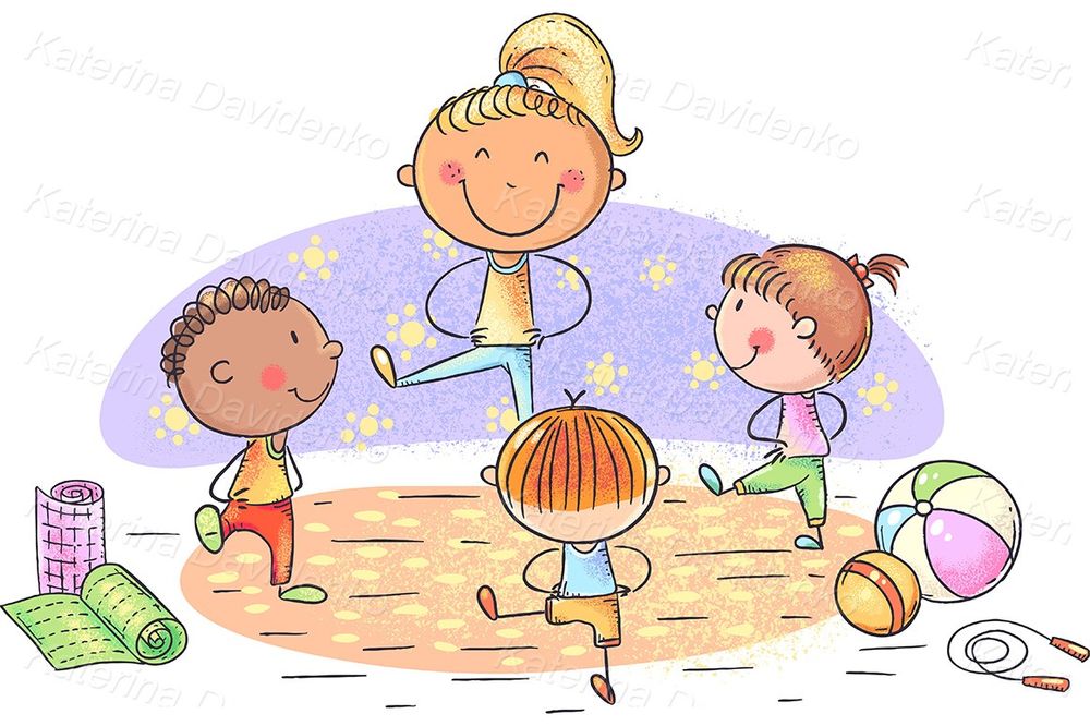 Teacher and kids doing yoga or gymnastics illustration