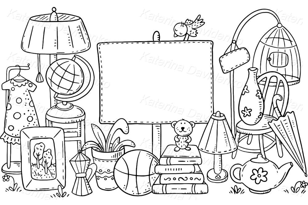 Garage Sale Clipart – Cute Yard Sale Illustration with a Blank Sign