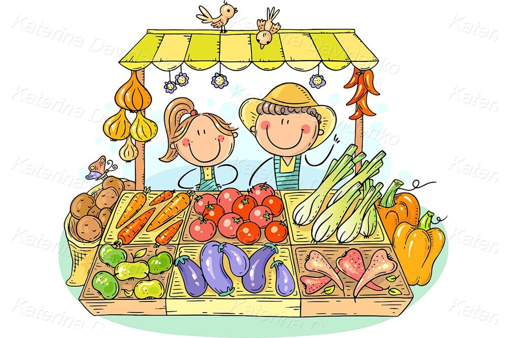 Farmers selling organic vegetables at the market illustration