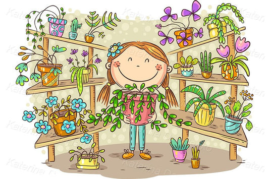 Girl in greenhouse with her plant collection illustration