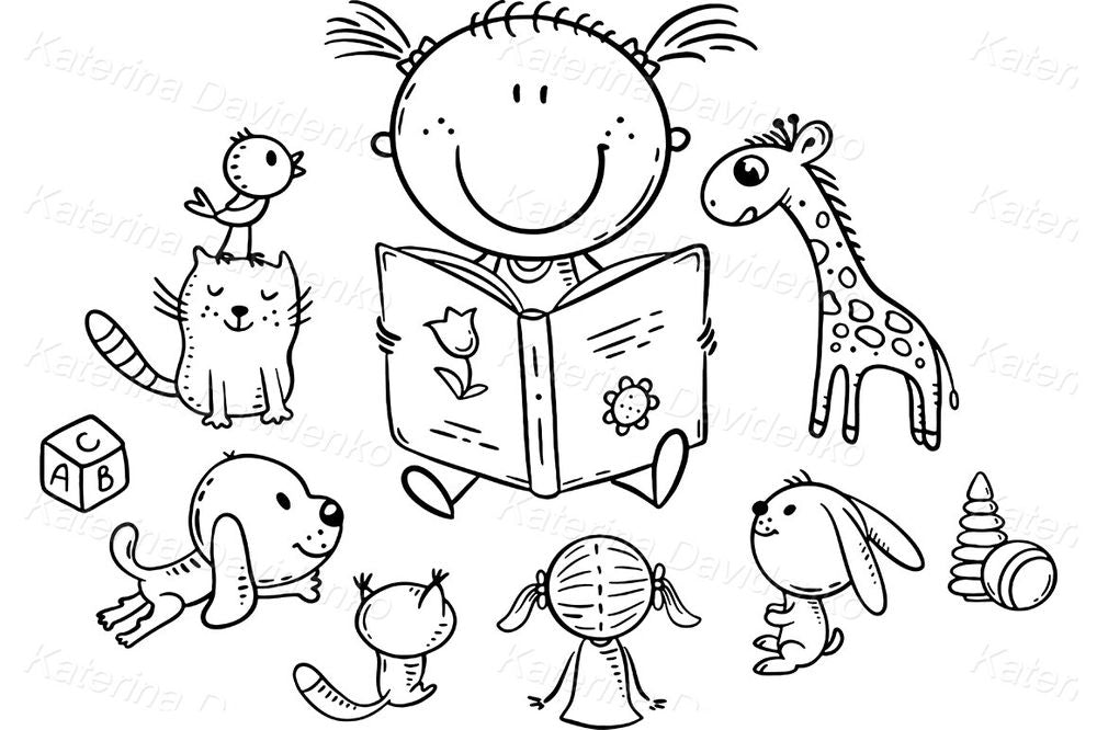 Storytime with Toys – Cute Kid Reading Clipart Illustration