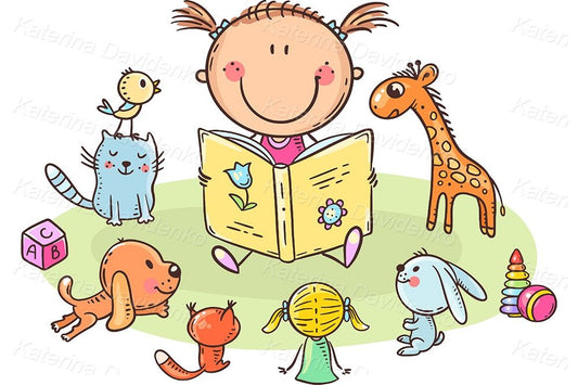 Little girl reading to toys, storytime clipart