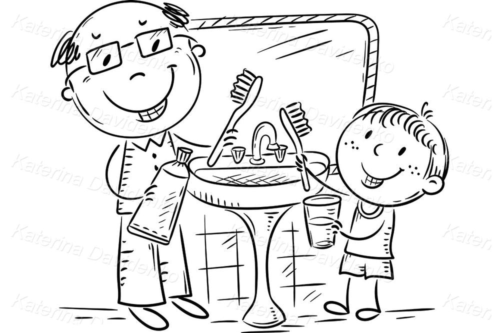 Grandpa and Boy Brushing Teeth – Morning Routine Clipart