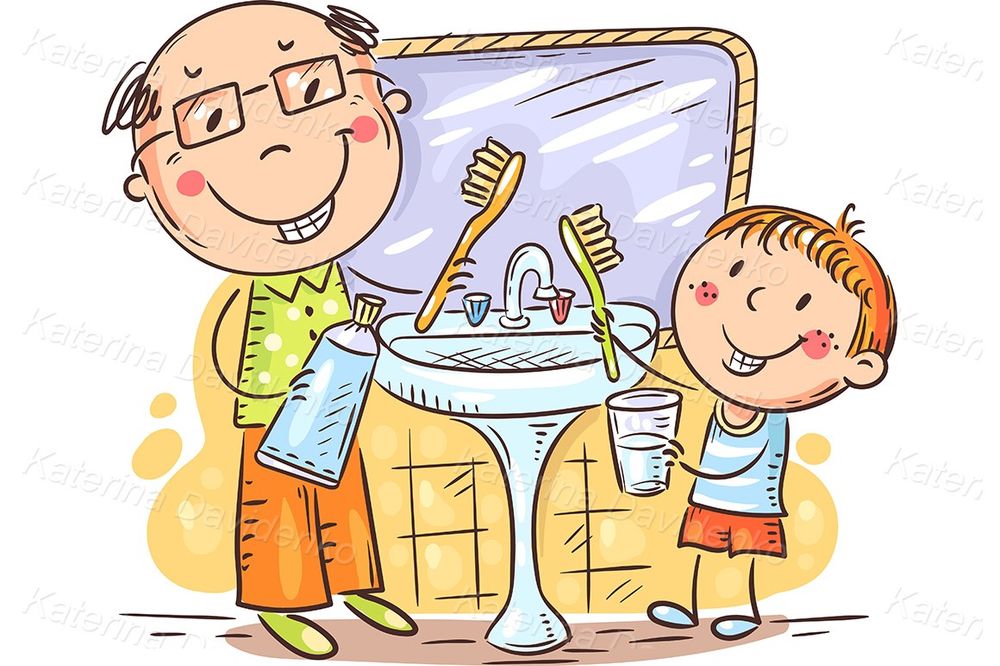Father and kid brushing teeth clipart