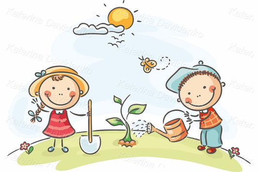 Gardening clipart. Boy and girl planting tree