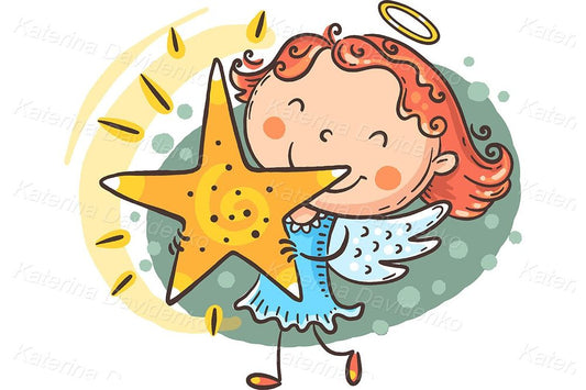 Little girl in an angel costume holding a star clipart
