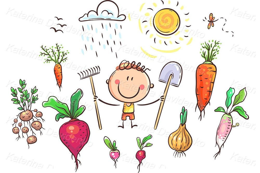 Happy farmer and vegetables - vector clipart set