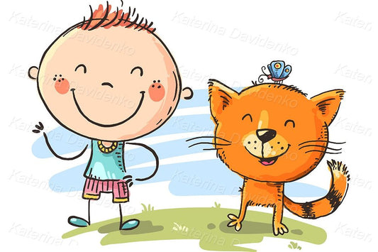 Happy child and cat outdoors, cartoon clipart