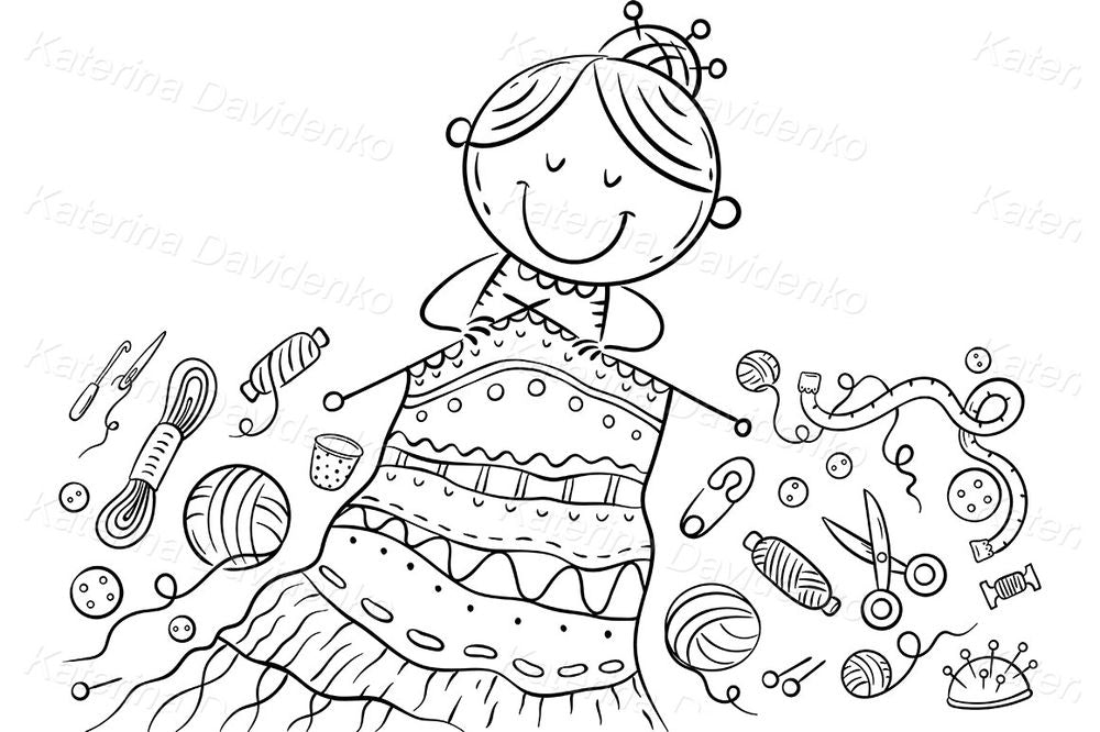 Knitting Grandma Clipart – Cute Yarn & Sewing Illustration